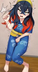 Rule 34 | 1girl, anger vein, angry, barefoot, black hair, blush, carmine (pokemon), clenched hands, colored inner hair, covering crotch, covering privates, crossed bangs, embarrassed, eyebrows hidden by hair, fanny pack, feet, female focus, full body, hair between eyes, hair ornament, hairband, hand up, have to pee, highres, indoors, japanese clothes, jinbei (clothes), knees together feet apart, long hair, looking at viewer, michinoku (michino934), motion lines, multicolored hair, neck, nintendo, official alternate costume, open mouth, pigeon-toed, pokemon, pokemon sv, sandals, short sleeves, shorts, side slit, side slit shorts, sidelocks, tears, toenails, toes, traditional clothes, trembling, two-tone hair, unworn sandals, wide sleeves, yellow bag, yellow eyes, yellow hairband