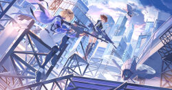 2girls absurdres ass assault_rifle bandaged_leg bandages blonde_hair blue_eyes blue_sky boots braid brown_eyes brown_hair building cape city cloud cloudy_sky day drone fingerless_gloves full_body futuristic futuristic_weapon gloves gradient_sky gun highres holding holding_weapon iron_bars jacket kessennheiannkyou multiple_girls one_leg_raised original rifle scenery serious short_hair shorts sitting sky sniper_rifle sunlight thighs weapon