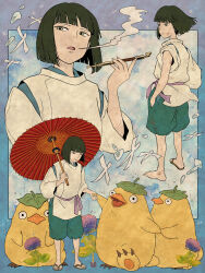 1boy bird bishounen blunt_bangs blunt_ends border duck flower gradient_border green_eyes green_shorts haku_(sen_to_chihiro_no_kamikakushi) hand_in_pocket handshake highres hitomin_(joutaro195) holding holding_umbrella japanese_clothes kariginu kiseru leaf leaf_on_head looking_at_another male_focus miyazaki_hayao_(style) monster multicolored_background multiple_views official_style oil-paper_umbrella ootori-sama over_shoulder paper_texture puffy_shorts purple_flower purple_sash sandals sash sen_to_chihiro_no_kamikakushi shoes short_hair shorts single_shoe smoking smoking_pipe solid_circle_pupils studio_ghibli_(style) traditional_youkai umbrella waraji wind