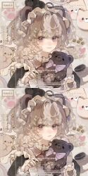 Rule 34 | 1girl, animal ears, apron, bear ears, black dress, boots, brooch, brown boots, brown hair, closed mouth, commission, dress, expressionless, finger tattoo, frilled apron, frilled sleeves, frills, frown, grey hair, hair between eyes, hair ornament, hairclip, happy, highres, holding, holding stuffed toy, jewelry, juliet sleeves, light blush, lipstick, long sleeves, loose hair strand, maid headdress, makeup, maokeson, multicolored hair, original, paw hair ornament, pink lips, puffy sleeves, sample watermark, short hair, short twintails, smile, streaked hair, stuffed animal, stuffed toy, tattoo, teddy bear, too many watermarks, twintails, upper body, variations, watermark, white apron