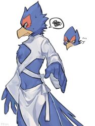 1boy beak bird_boy body_fur closed_mouth clothing_request commentary falco_lombardi furry furry_male male_focus nintendo pruh simple_background solo spoken_squiggle squiggle standing star_fox white_background