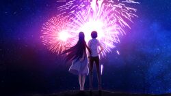 Rule 34 | 1boy, 1girl, aerial fireworks, arms behind back, black hair, black pants, cardigan, facing away, fireworks, from behind, game cg, grisaia (series), grisaia no meikyuu, hand on own hip, highres, kazami yuuji, long hair, night, night sky, non-web source, outdoors, own hands together, pants, sakaki yumiko, shirt, short hair, skirt, sky, standing, star (sky), starry sky, very long hair, watanabe akio, watch, white shirt, white skirt, wide shot, wristwatch, yellow cardigan