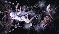 1girl clock clock_hands colorful_palette grey_hair hair_between_eyes highres long_hair looking_at_viewer music_box official_art piano_keys project_sekai shirt shorts solo star_(sky) third-party_source utakata_ni_idakarete_(project_sekai) very_long_hair white_shirt white_shorts yoisaki_kanade