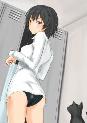 1girl amagami ass black_eyes black_hair bob_cut brown_eyes cat female_focus locker looking_back looking_down murasaki_iro nanasaki_ai puu_(amagami) revision short_hair solo swimsuit swimsuit_under_clothes towel