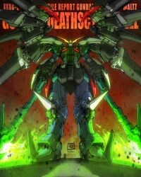 Rule 34 | absurdres, artist logo, beam scythe, blush, character name, commentary request, dual wielding, energy weapon, full body, green eyes, gundam, gundam deathscythe, gundam deathscythe hell custom, gundam wing, gundam wing: endless waltz, highres, holding, holding scythe, logo, looking at viewer, mecha, mecha focus, mechanical wings, mobile suit, moyan, no humans, robot, science fiction, scythe, solo, standing, text background, twitter username, v-fin, wings