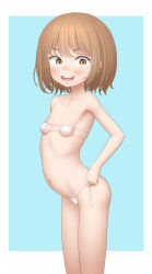 Rule 34 | 1girl, absurdres, bare legs, bikini, blush, breasts, brown eyes, brown hair, cowboy shot, eyepatch bikini, female focus, highres, looking at viewer, micro bikini, navel, open mouth, original, paid reward available, sc naru, short hair, side-tie bikini bottom, small breasts, smile, solo, standing, swimsuit, teeth, thighs, upper teeth only, white bikini