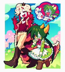 Rule 34 | 1boy, 1girl, blonde hair, boots, cactus girl, cape, closed eyes, clothing cutout, colored sclera, commentary, dress, eating, english commentary, full body, fur-trimmed cape, fur trim, gauze, gauze over eye, gloves, green dress, green hair, heart cutout, highres, long hair, low twintails, maid, monster girl, original, outdoors, plant girl, red eyes, red gloves, red hair, red shirt, satanmanse, shirt, speech bubble, thorns, thought bubble, turtleneck, turtleneck shirt, twintails, very long hair, walking, yellow sclera
