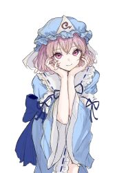 Rule 34 | 1girl, blue kimono, bow, dress, frilled kimono, frills, hat, head rest, highres, japanese clothes, kashiwada kiiho, kimono, looking up, mob cap, nail polish, pink eyes, pink hair, ribbon, saigyouji yuyuko, short hair, simple background, sleeve garter, smile, solo, touhou, triangular headpiece, white background, wide sleeves