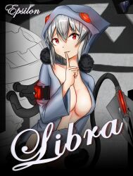 1girl absurdres amino--acid breasts choppy_bangs cleavage coat collar collarbone covered_erect_nipples covering_navel cursive double-parted_bangs english_text finger_to_mouth flustered fur-trimmed_coat fur_trim grey_background grey_coat grey_hood highres hood hood_up horned_hood horns large_breasts libra_(mental_omega) machine machinery mechanical_tail mental_omega_(mod) naked_coat navel no_bra open_clothes open_coat psi-corps_symbol red_eyes resh_vav_yod_symbol short_hair shushing shy sidelocks solo tail undressing upper_body white_hair