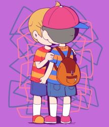 backpack bad_tag bag black_hair child hat kiss lucas_(mother_3) mother_(series) mother_2 mother_3 ness_(mother_2) nintendo ohana_sunflower shirt shoes shorts shota socks striped_clothes striped_shirt super_smash_bros.