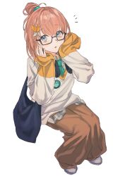 1girl badge bag baggy_pants bespectacled black-framed_eyewear blue_bag braid brown_hair brown_pants button_badge chinese_commentary collared_shirt commentary_request full_body glasses green_necktie grey_eyes grey_shirt hair_ornament hanasato_minori hand_on_own_cheek hand_on_own_face hands_up headphones headphones_around_neck highres light_blush long_sleeves looking_at_viewer medium_hair multicolored_shoes necktie notice_lines pants parted_lips plaid_clothes plaid_shirt ponytail project_sekai semi-rimless_eyewear shirt shoes simple_background sitting sleeves_past_wrists solo sweater tote_bag two-tone_shoes under-rim_eyewear white_background white_shoes white_sweater yama37427989191 yellow_sweater zozotown