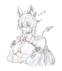 1girl arm_pouch armband biscuitaart black_armband black_choker black_gloves black_horns black_jacket black_pouch black_tail breasts chest_harness choker collared_shirt commentary crossed_arms curled_horns demon_tail drooling english_commentary gloves grey_hair hair_between_eyes harness highres horns jacket jacket_on_shoulders large_breasts long_hair multicolored_hair necktie red_necktie shirt simple_background sleep_mask solo streaked_hair tail white_background white_shirt wuthering_waves zani_(wuthering_waves) zzz