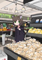 4girls absurdres animal_ear_piercing animal_ears apple black_hoodie ceiling ceiling_light commission drawstring earclip emesan_desu faceless faceless_female floor food fruit green_eyes highres hood hoodie indoors jitome long_hair looking_at_viewer mouse_ears mouse_tail multiple_girls orange_(fruit) original plastic_wrap short_hair skeb_commission supermarket tail thank_you