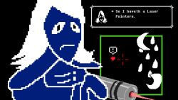 1boy aiming artist_request battle crescent_moon deltarune dialogue_box english_text frown heart kris_(deltarune) laser laser_pointer laser_pointer_projection moon non-web_source old_english_text rouxls_kaard scene_reference solo source_request water_drop weather