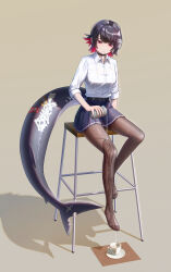 1girl 7788748 absurdres black_choker black_hair black_pantyhose black_skirt breasts choker closed_mouth cup ellen_joe ellen_joe_(on_campus) fins fish_tail hair_ornament highres medium_breasts miniskirt pantyhose pouring pouring_onto_self red_nails school_uniform shark_girl shark_tail shirt short_hair sitting skirt solo tail thighs white_shirt x_hair_ornament zenless_zone_zero