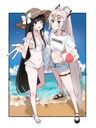 2girls absurdly_long_hair ball beach beachball bikini black_bikini black_hair black_sandals blue_sky blush bow breasts brown_eyes cloud collarbone denim denim_shorts expressionless eyewear_on_head frilled_bikini frills fujiwara_no_mokou full_body hair_bow hat highres hime_cut holding holding_ball holding_beachball houraisan_kaguya jyazo_pic long_hair looking_at_viewer medium_breasts multiple_girls navel ocean open_mouth ponytail red_eyes sandals shirt shorts sky smile straw_hat sunglasses swimsuit t-shirt thigh_strap touhou v very_long_hair white_bikini white_hair white_sandals white_shirt