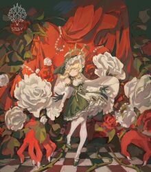 2girls black_gloves blonde_hair breasts checkered_floor closed_mouth colored_skin dress flower gloves green_dress green_gloves highres medium_breasts monster_girl multiple_girls original pantyhose red_skin rose smile souly white_flower white_pantyhose white_rose yellow_eyes