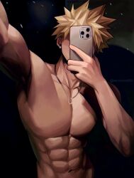 1boy abs bakugou_katsuki blonde_hair boku_no_hero_academia cellphone collarbone commentary earrings highres holding holding_phone jewelry kacchansbf83 large_pectorals male_focus navel necklace no_nipples nude pectorals phone selfie short_hair smartphone solo spiked_hair