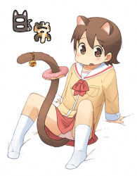 aioi_yuuko animal_ears bare_legs bell cat_ears cat_tail donut food knee-highs kneehighs nichijou nishimura_(prism_engine) panties pantyshot pink_panties school_uniform sitting socks tail tokisadame_school_uniform underwear upskirt white_socks