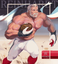 1boy abs ball bara beard bulge facial_hair feet_out_of_frame highres holding holding_ball large_pectorals luerstine male_focus mature_male muscular muscular_male navel nipples old old_man overwatch overwatch_1 paid_reward_available pants pectoral_press pectorals reinhardt_(overwatch) rugby rugby_ball rugby_uniform running scar scar_across_eye scar_on_face short_hair smile solo sportswear stomach sweat tight_clothes tight_pants topless_male white_hair white_pants