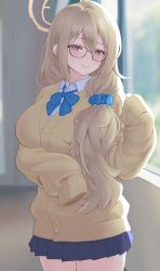 Rule 34 | 1girl, absurdres, akane (blue archive), akane (school uniform) (blue archive), arm under breasts, black-framed eyewear, blue archive, blue bow, blue bowtie, blue scrunchie, blue skirt, blurry, blurry background, bow, bowtie, brown eyes, brown hair, brown halo, buttons, cardigan, commentary request, day, double-parted bangs, dress shirt, glasses, hair between eyes, hair ornament, hair scrunchie, halo, hand up, highres, indoors, light blush, long hair, looking at viewer, low ponytail, miniskirt, official alternate costume, pleated skirt, ponytail, scrunchie, shirt, sidelocks, skirt, sleeves past fingers, sleeves past wrists, smile, solo, syahrul4567, white shirt, window, yellow cardigan