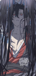 2boys alternate_hairstyle black_hair black_hanfu chest_tattoo chinese_clothes collarbone dated dirty dirty_clothes dirty_face hair_between_eyes hair_down hand_on_another&#039;s_cheek hand_on_another&#039;s_chest hand_on_another&#039;s_face hanfu highres hug hug_from_behind kimako_(kimako_8) lan_wangji long_hair looking_at_another looking_up male_focus modao_zushi multiple_boys out_of_frame parted_lips pectoral_cleavage pectorals red_eyes robe sash shade solo_focus tattoo twitter_username upper_body very_long_hair watermark wei_wuxian wei_wuxian_(yiling_laozu) white_hanfu yaoi