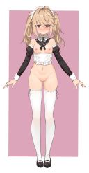 1girl absurdres apron black_shoes blush breasts closed_mouth deatheach detached_collar detached_sleeves female_focus full_body hair_between_eyes highres light_brown_hair long_hair looking_at_viewer maid_headdress medium_breasts naked_apron navel nipples original pink_background pussy red_eyes shoes skindentation solo standing thighhighs twintails two-tone_background white_background white_thighhighs wrist_cuffs