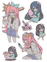 2girls aubrey_(faraway)_(omori) aubrey_(headspace)_(omori) aubrey_(omori) baseball_bat black_hair blue_eyes blue_shirt blue_skirt bow crop_top denim denim_skirt flower hair_bow head_wreath highres holding holding_baseball_bat holding_photo holding_stuffed_toy jacket long_hair long_sleeves multiple_girls mun_gom nail nail_(hardware) nail_bat navel omori photo_(object) pink_bow pink_hair purple_hair shirt short_sleeves skirt stuffed_eggplant stuffed_toy white_jacket