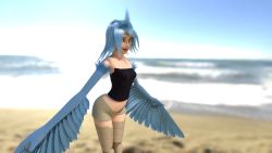 1girl 3d blue_hair feathered_wings feathers female_focus harpy highres looking_at_viewer monster_girl monster_musume_no_iru_nichijou open_mouth papi_(monster_musume) short_shorts shorts wholesomepetting wings
