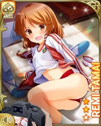 1boy 2girls ass bare_legs brown_eyes brown_hair buruma camera card_(medium) day embarrassed fallen_down girlfriend_(kari) indoors jacket locker looking_at_viewer low_twintails midriff multiple_girls navel official_art open_mouth qp:flapper red_buruma red_jacket shirt socks tagme tamai_remi track_jacket twintails white_shirt