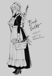 1girl apron basket black_dress blunt_bangs bun_cover character_name closed_mouth copyright_name dated dress frilled_apron frills full_body glasses grey_eyes greyscale gun hair_bun highres kuroshitsuji long_dress maid maid_headdress meirin_(kuroshitsuji) monochrome official_art rifle round_teeth shoes short_hair simple_background smile sniper_rifle solo standing teeth toboso_yana twitter_username weapon