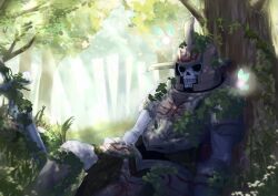 1boy armor commentary commentary_request day fairy fairy_wings fake_horns forest full_armor gauntlets grass helmet hero&#039;s_shade horns kara_take knight male_focus moss nature nintendo outdoors overgrown plant planted planted_sword planted_weapon sitting skeleton skull sunlight sword the_legend_of_zelda the_legend_of_zelda:_twilight_princess tree weapon wings