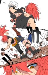 angel_(kof) arm_pouch backless_pants biceps black_tank_top blue_eyes blue_hair bra breasts camouflage camouflage_pants cargo_pants chaps cleavage crop_top cropped_jacket dog_tags earrings fingerless_gloves gloves hair_over_one_eye highres jacket jewelry large_breasts leather leather_jacket leona_heidern midriff muscular muscular_female navel panties pants ponytail rappel6730 ryona short_hair snk soldier strapless strapless_bra tank_top the_king_of_fighters the_king_of_fighters_xiv toned toned_female triangle_earrings underwear uppercut white_hair