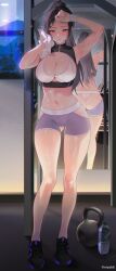 1girl absurdres arm_up armpits artist_name ass ass_cutout black_hair black_shirt black_shoes black_sports_bra blue_eyes blush bottle bra breastless_clothes breasts cleavage clothing_cutout commentary_request figure_available framed_breasts full_body grey_shorts highres holding holding_towel indoors large_breasts long_hair looking_at_viewer merchandise_available myabit navel original panties plastic_bottle ponytail reflection shirt shoes shorts skindentation sleeveless sleeveless_shirt sleeveless_turtleneck solo sports_bra sportswear standing stomach sweat thighs towel turtleneck underwear water_bottle white_bra white_panties wiping_face wiping_sweat