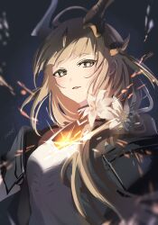 1girl arknights artist_name black_horns blonde_hair blurry commentary_request dress energy flower grey_eyes hair_flower hair_ornament highres horns long_hair looking_at_viewer magic official_alternate_costume open_mouth ramel reed_(arknights) reed_the_flame_shadow_(arknights) signature smile solo upper_body white_dress white_flower