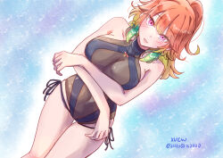 1girl absurdres arms_under_breasts bare_shoulders black_one-piece_swimsuit breasts cleavage cowboy_shot gradient_hair green_hair highres hololive hololive_english large_breasts leotard medium_hair multicolored_hair official_alternate_costume one-piece_swimsuit orange_hair perfume_(takanashi_kiara) see-through_cleavage see-through_clothes see-through_leotard solo swimsuit takanashi_kiara twitter_username virtual_youtuber xu_chin-wen