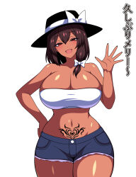 1girl absurdres bow breasts brown_hair collarbone corruption dark_persona fedora hat hat_bow highres huge_breasts looking_at_viewer pubic_tattoo red_eyes ribbon short_hair shorts side_ponytail simple_background smile solo ssaf_seibeupail strapless tan tattoo thick_thighs thighs touhou translation_request tube_top usami_renko white_background white_bow white_tube_top wide_hips