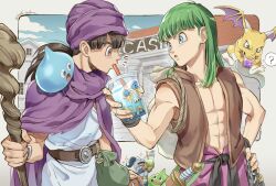2boys 4others ? abs armor black_hair black_sash blue_eyes blunt_bangs blush border bracelet brown_eyes brown_vest bubble_tea cape commentary_request creature creature_on_shoulder cup dragon dragon_quest dragon_quest_v drinking_straw green_hair hand_on_own_hip healslime henry_(dq5) hero_(dq5) holding holding_cup holding_staff janis_(hainegom) jewelry knife knife_sheath long_hair low_ponytail male_focus multiple_boys multiple_others muscular muscular_male on_shoulder open_mouth pants ponytail profile purple_cape purple_pants purple_turban sash sheath sheathed slime_(dragon_quest) slime_knight small_fry_(dragon_quest) sparkle spoken_question_mark staff tunic turban upper_body vest white_border white_tunic wristband