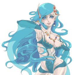 aqua_gloves aqua_hair aqua_leotard bead_necklace beads blue_eyes blush breasts bridal_gauntlets cleavage clothing_cutout cowboy_shot earrings final_fantasy final_fantasy_iv final_fantasy_iv:_the_after_years gloves green_gloves green_leotard hair_ornament hanamaru_(warasu) hand_up hip_vent jewelry large_breasts leotard lips long_hair long_sleeves lowres nail_polish necklace nose_blush off-shoulder_leotard open_mouth orange_nails pink_lips plunging_neckline rydia_(ff4) see-through_clothes see-through_sleeves side_cutout wide_sleeves