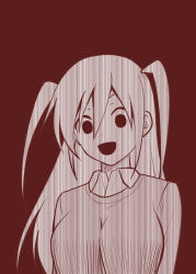 1girl :d empty_eyes female_focus long_hair monochrome nemoto_hina open_mouth satou_yuuki school_uniform smile solo sweater two_side_up watashi_ga_motenai_no_wa_dou_kangaetemo_omaera_ga_warui!
