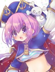Rule 34 | 1girl, blue hat, blue jacket, bra, breasts, captain kid lore, cloak, emil chronicle online, hat, jacket, medium breasts, midriff, navel, open mouth, pink hair, pirate hat, purple eyes, red cloak, satsuki atan, striped bra, striped clothes, underwear, upper body