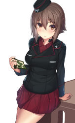 Rule 34 | 10s, 1girl, black hat, black jacket, brown eyes, brown hair, female focus, garrison cap, girls und panzer, hat, highres, jacket, kagematsuri, kuromorimine military uniform, long sleeves, military, military hat, military uniform, nishizumi maho, pleated skirt, red skirt, short hair, skirt, solo, throat microphone