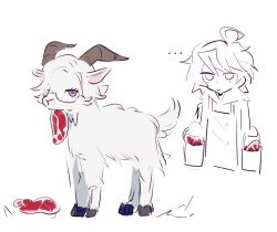 ... 2boys ac_warlock ahoge animal animal_ears aotsuki_eito bucket food full_body glasses goat goat_ears goat_horns goat_tail highres holding holding_bucket hooves horns male_focus meat messy_hair multiple_boys purple_eyes simple_background sumino_takumi the_hundred_line_-last_defense_academy- upper_body white_background