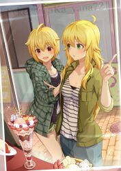 2girls ahoge blonde_hair blush breasts casual cherry cinnamon_stick cleavage collarbone day food fruit green_eyes green_jacket green_shorts hair_between_eyes hair_flaps hand_on_another&#039;s_arm hand_up highres hood hood_down hooded_jacket hoshii_miki ibuki_tsubasa ice_cream idolmaster idolmaster_(classic) idolmaster_million_live! index_finger_raised jacket long_hair long_sleeves looking_at_another looking_at_food multiple_girls open_clothes open_jacket open_mouth outdoors parfait pudding red_eyes shirt short_hair shorts smile standing strawberry strawberry_slice striped_clothes striped_shirt taka.yana twitter_username watermark