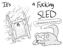 absurdres bb_(baalbuddy) burning citizen_kane commentary english_commentary english_text family_guy fangs fire floral_print game_freak gen_1_pokemon greyscale highres looking_at_object lying monochrome nintendo no_humans on_stomach open_mouth pokemon pokemon_(creature) profanity sled slowpoke solo speech_bubble spoilers white_background