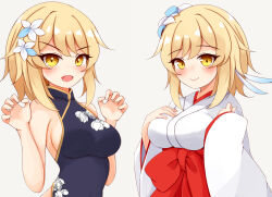 1girl ayatori_(aytr) bare_shoulders black_dress blonde_hair blush breasts china_dress chinese_clothes claw_pose closed_mouth commentary_request dress floral_print flower genshin_impact hair_flower hair_ornament hands_up highres japanese_clothes kimono long_sleeves looking_at_viewer lumine_(genshin_impact) medium_breasts multiple_views open_mouth short_hair_with_long_locks sideboob simple_background single_tooth upper_body white_background white_flower white_kimono wide_sleeves yellow_eyes