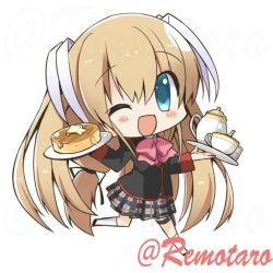 1girl black_jacket blazer blonde_hair blue_eyes bow bowtie chibi commentary cup food grey_skirt hair_ribbon holding jacket little_busters! long_hair looking_at_viewer pancake pink_bow pink_bowtie plaid_clothes plaid_skirt pleated_skirt remotaro ribbon school_uniform simple_background skirt solo tea_set teacup teapot tokido_saya tray twintails twitter_username white_background white_ribbon