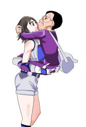 Rule 34 | 1boy, 1girl, belt, black hair, blush, breast press, brown hair, capcom, glasses, gloves, holding, hug, kazama asuka, leg lock, legs, looking at another, marvel super heroes vs. street fighter, marvel vs. capcom, namco, norimaro, short, standing, surprised, tekken, tekken 6, tomboy, ugly bastard