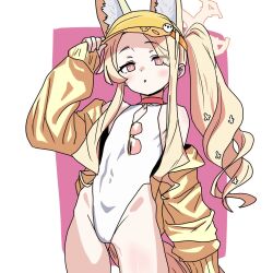 1girl animal_ear_fluff animal_ears blonde_hair blue_archive cowboy_shot cross_halo diamond_cutout flat_chest fox_ears fox_girl halo highleg highleg_one-piece_swimsuit jacket long_hair looking_at_viewer official_alternate_costume official_alternate_hairstyle one-piece_swimsuit open_clothes open_jacket orange-tinted_eyewear pink_background pink_eyes seia_(blue_archive) seia_(swimsuit)_(blue_archive) side_ponytail solo sunglasses swimsuit tinted_eyewear two-tone_background unworn_eyewear usavivi777 visor_cap white_one-piece_swimsuit yellow_halo yellow_jacket yellow_visor