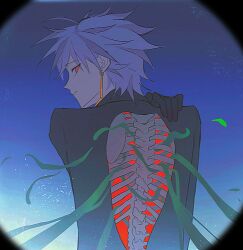 1boy absurdres black_gloves black_shirt bone chinese_commentary closed_mouth commentary_request earrings feiyingliaoluan-haruto gloves hand_on_another&#039;s_shoulder highres jewelry looking_back male_focus outdoors red_eyes saibou_shinkyoku shirt short_hair solo theodore_riddle upper_body
